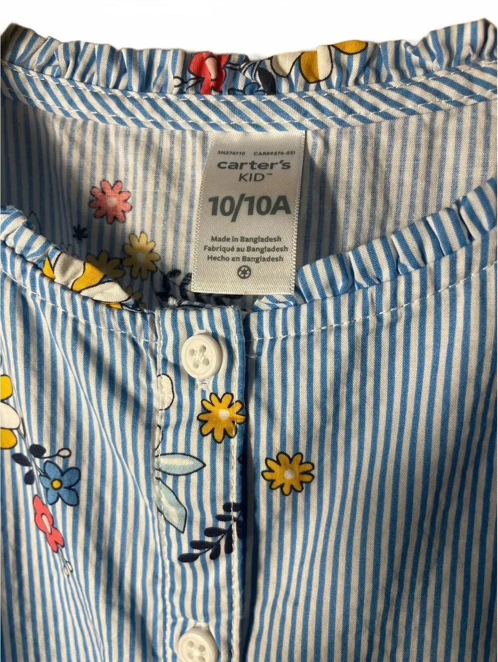 Carters Kids Blue Striped Floral Button Up Dress Size 10 Pleated Ruffle Floral